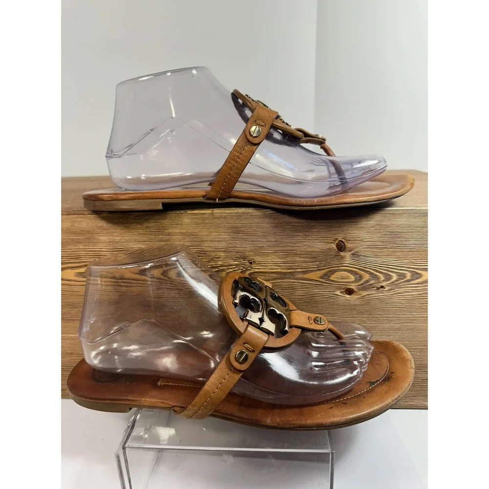 Tory Burch Mini Miller Sandals Women SZ 8 Brown Gold Logo Flip Flop Resort Boho